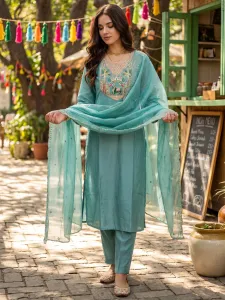 Indo Era Women Silk Blend Kurta Pant Dupatta Set