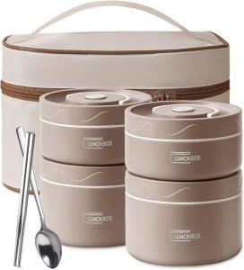 aiDokoro Stainless Steel 4 Insulated Container Lunch Box Set with Thermal Bag & Cutlery for Students/Office/College/Picnic - (Brown, 1940 ML)